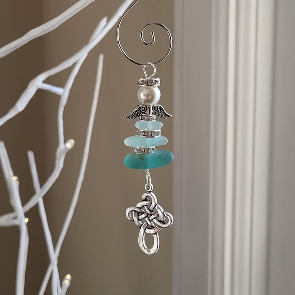 Genuine Sea Glass Angel Sun Catcher with celtic cross/Angel Car Charm/Angel Pendant/Angel Ornament/Angel Gift/Religious Gift/Gift for Her