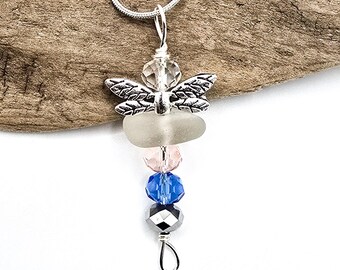 Collier libellule en verre de mer véritable : pendentif côtier en argent