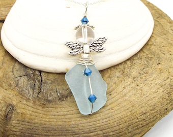 Sea Glass Fairy Necklace/Genuine aqua sea glass/Beach Glass fairy Pendant/Fairy Sun Catcher/Get Well Gift/Gift for a Friend/Gift for Her/108