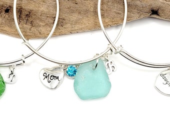 Personalized Sea Glass Bangle Bracelet: Birthstone Charm Bracelet