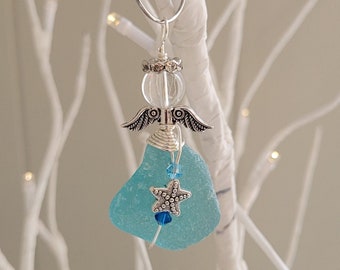Genuine Sea Glass Angel with star/Angel Car Charm/Angel Pendant/Angel Ornament/Angel Gift/Gift for Her
