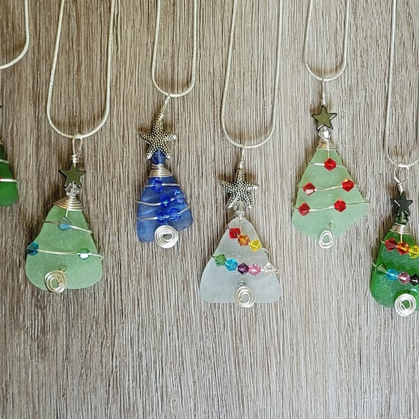 Made to Order Genuine Sea Glass Christmas Tree Pendant/Coastal Ornament/Crystals