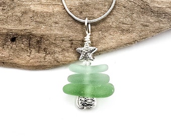 Genuine Sea Glass/Sea Glass Jewelry/Sea Glass Christmas Tree/Christmas Tree Pendant and Earrings/Holiday Jewelry/Christmas Necklace/112