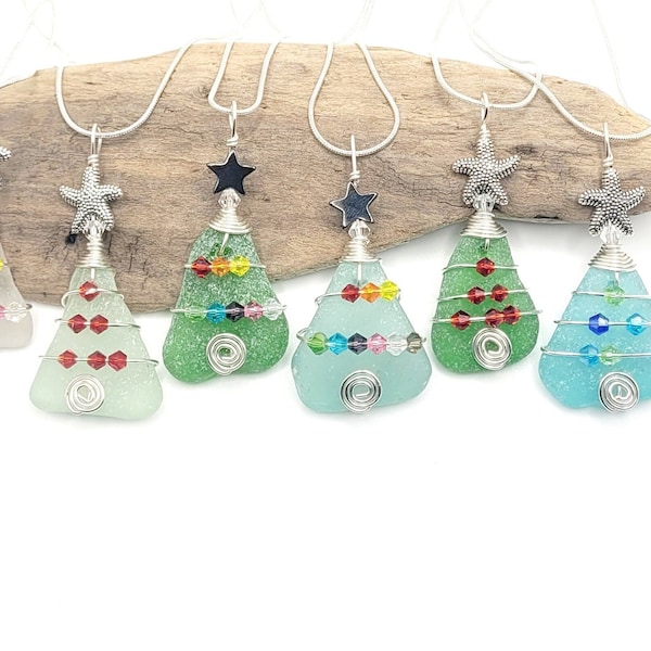 Genuine Sea Glass Christmas Tree necklace/Christmas tree pendant /Christmas Ornament/Christmas Jewelry/Christmas Tree Charm