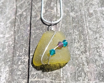 Genuine Sea Glass Necklace/Sea Glass Necklace/Swarovski Crystals Sea Glass Pendant/Coastal Jewelry/Nautical Pendant/Sea Glass Jewelry/56