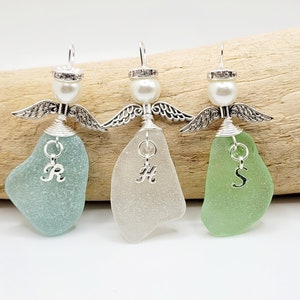 Sea Glass Angel Ornament/Monogram personalized /Genuine Sea Glass/Angel Car Charm/Angel Pendant/Gift/Gift for Friend