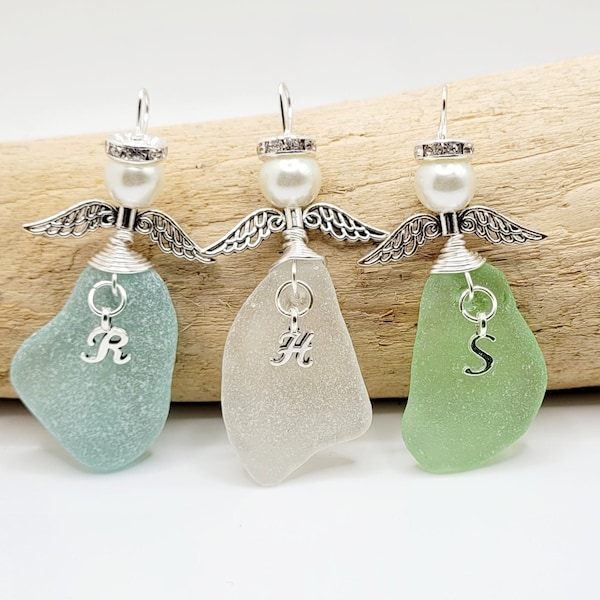 Genuine Sea Glass Angel with letter/personalized Angel/Angel Car Charm/Angel Pendant/Angel Ornament/Angel Gift/Gift for Friend