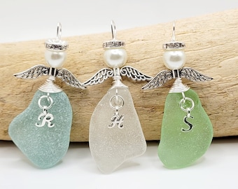 Genuine Sea Glass Angel with letter/personalized Angel/Angel Car Charm/Angel Pendant/Angel Ornament/Angel Gift/Gift for Friend