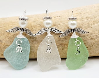 Genuine Sea Glass Angel with letter/personalized Angel/Angel Car Charm/Angel Pendant/Angel Ornament/Angel Gift/Gift for Friend