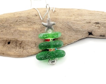 Genuine Sea Glass/Sea Glass Jewelry/Sea Glass Christmas Tree/Christmas Tree Pendant/Holiday Jewelry/Christmas Necklace