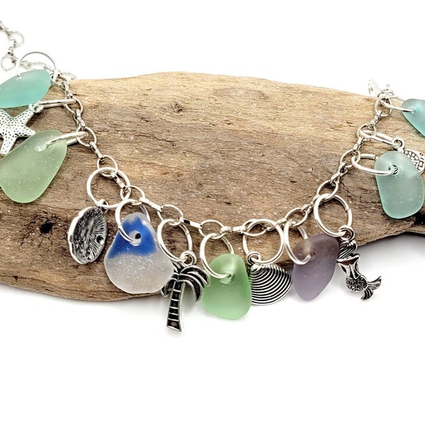 Sea Glass Bracelet/Genuine Sea Glass/Sea Glass Charm Bracelet/Mermaid Tears/Authentic Sea Glass/Surf Tumbled/Coastal bracelet/Nautical Gift