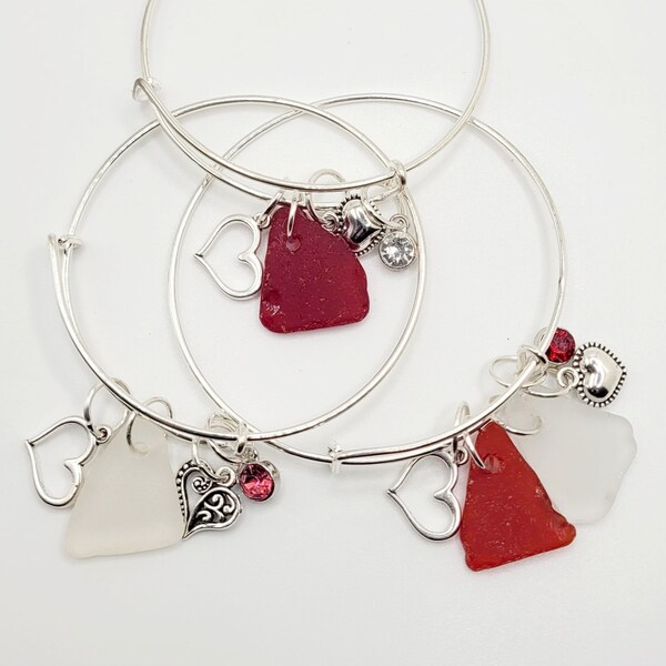 Genuine Sea Glass Bracelet/Sea Glass Valentine's Day/Rare Red Sea Glass/Sea Glass and Heart Charm/Valentine's Day Gift