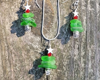 Genuine Sea Glass/Sea Glass Jewelry/Sea Glass Christmas Tree/Christmas Tree Pendant and Earrings/Holiday Jewelry/Christmas Necklace