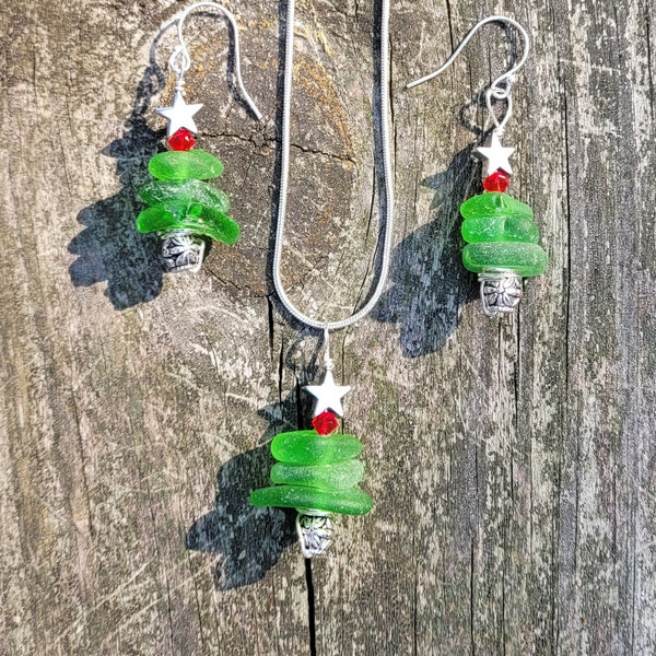 Genuine Sea Glass/Sea Glass Jewelry/Sea Glass Christmas Tree/Christmas Tree Pendant and Earrings/Holiday Jewelry/Christmas Necklace