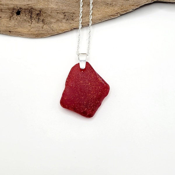 Genuine Sea Glass/Mother's Day Gift/Glass and Sterling Silver Necklace/Red Sea Glass Pendant/Genuine Sea Glass Jewelry