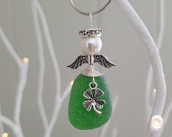 Oryginalna ozdoba anioła ze szkła morskiego: zawieszka do samochodu w kształcie koniczyny, prezent na Dzień Świętego Patryka