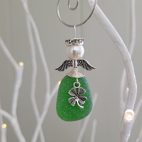 Genuine Sea Glass Angel with shamrock/Angel Car Charm/Angel Pendant/Angel Ornament/Angel Gift/St Patrick's Day/Gift for Her