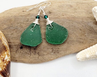 Genuine Sea Glass/Green Sea Glass Earrings/Swarovski Crystals/Sea Glass and Sterling Silver Earrings/Gift for Her