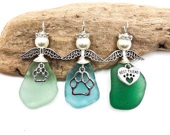 Sea Glass Angel/Paw Charm Angel/Angel for a cat/dog lover/Pet Keepsake angel/Gift for a friend/Pet Memorial Keepsake