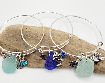 Genuine Sea Glass Bracelet/Sea Glass Bangle Bracelet/Personalized Sea Glass Bracelet/Birthstone Bracelet/Bridesmaids gift/Beach Wedding/1E