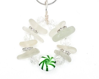 Sea Glass Wreath Ornament: Genuine Beach Glass & Crystal