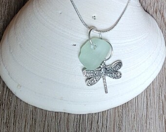 Genuine Sea Glass Necklace: Silver Dragonfly Charm, Coastal Pendant