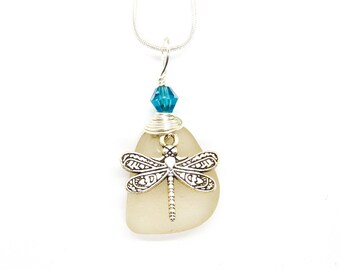 Sea Glass Necklace: Silver Dragonfly Charm, Coastal Pendant, genuine sea glass