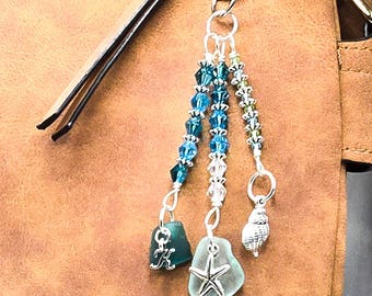 Genuine TealSea Glass Purse Charm, Zipper Pull, Key Ring Chain, Starfish and Shell Charm, Personalized Initial