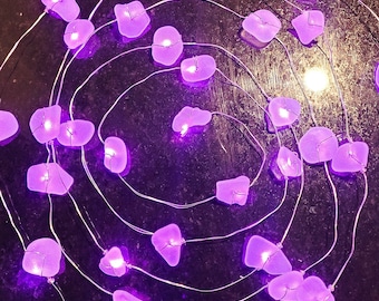 本物の白いシーグラスをピンクのLEDフェアリーライトにあしらった、航海をテーマにした装飾、ビーチウェディング
