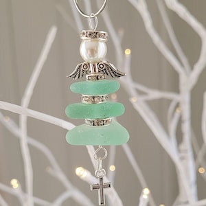 Genuine Sea Glass Angel Sun Catcher with cross/Angel Car Charm/First Communion/Easter Angel Ornament/Angel Gift/Religious Gift/Easter Gift