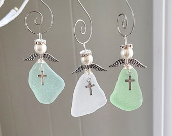 Genuine Sea Glass Angel with cross/Easter Angel/Angel Car Charm/Angel Pendant/Angel Ornament/Angel Gift/First Communion