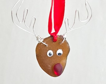 Genuine Sea Glass Ornament/Reindeer Ornament/Rudolph Christmas Decor/Unique Gift
