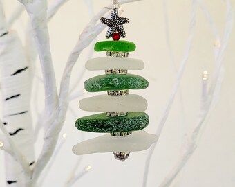 Personalized Sea Glass Christmas Tree Ornament, Beach Christmas, Ocean Lover Gift, Coastal Ornament, Christmas Tree With Shells, Starfish - Best Custom