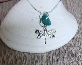 Teal Sea Glass Necklace: Silver Dragonfly Charm, Coastal Pendant