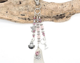 Genuine Sea Glass Purse Charm Zipper Pull Key Chain Starfish and Scallop Shell Charm Personalized Initial