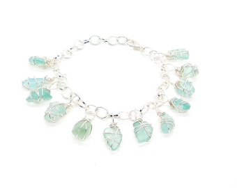 Aqua Sea Glass-bedelarmband: sterlingzilver, nautische sieraden