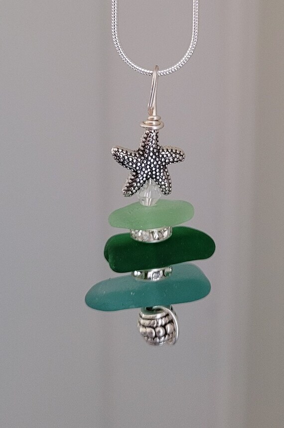 Sea Glass Christmas Tree Pendant: Coastal Ornament Necklace