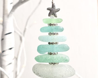 Ozdoba choinkowa ze szkła morskiego: prawdziwe szkło plażowe, srebrny drut