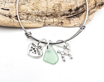 Genuine Sea Glass Bangle Charm Bracelet, Poodle Charm Charm, Dog/Cat Lovers Gift