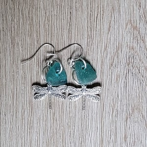 Genuine Sea Glass/Teal Sea Glass Earrings/Dragonfly Earrings/Sea Glass and Sterling Silver Earrings/Gift for Her/Nautical Earrings