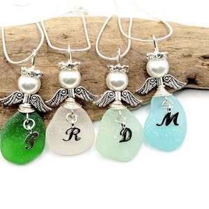 Collar de ángel de cristal de mar genuino con letra/ángel personalizado/encanto de coche de ángel/colgante de ángel/ángel de la guarda/regalo de ángel/regalo para amigo