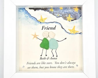 Friend Sea Glass Art/Friends are like Stars/5x5 or 8x8 frame/Custom Wording/Personalized Friend Gift/Custom Friend Gift/friend pebble art