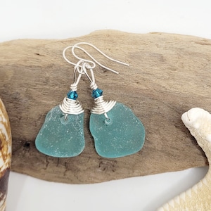 Genuine Sea Glass/Aqua Sea Glass Earrings/ Crystals/Sea Glass and Sterling Silver Earrings/Gift for Her
