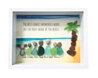 Pode incluir: Obra de arte emoldurada com uma moldura branca, retratando uma cena de praia. A obra apresenta uma palmeira feita de vidro do mar marrom e verde. O texto diz: "AS MELHORES MEMÓRIAS DE FAMÍLIA SÃO AS QUE SÃO FEITAS NA PRAIA." Abaixo estão figuras de seixos e nomes.