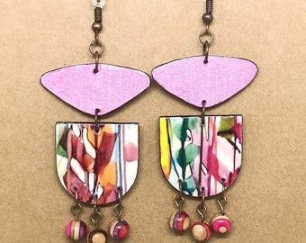 Handmade Recycled Boho Earrings, Recycled Paper, Skateboard Beads, Lightweight