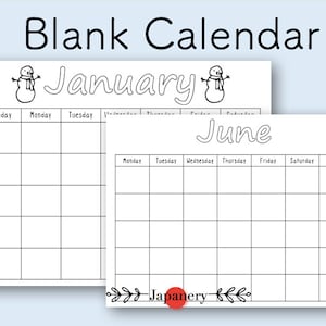 Op de afbeelding: Twee lege kalenderpagina's, één voor januari en één voor juni. De januaripagina heeft een sneeuwmanillustratie en de junipagina heeft een bloemmotief. Beide pagina's zijn in zwart-wit.