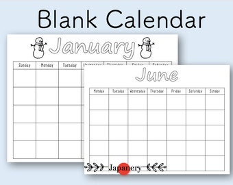 Blank Calendar | Kids Calendar | School Calendar | Homeschool Calendar | 12 months | Undated | Any Year | Without Dates | Monday or Sunday