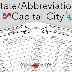USA State Abbreviation/Capital City Chart|Handout|Printable