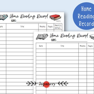 Puede incluir: Dos hojas de registro de lectura en casa imprimibles en blanco y negro con una ilustración de libro y el texto "Home Reading Record" y "NAME:" en la parte superior de cada hoja.
