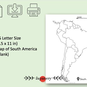 May include: A printable blank outline map of South America, showing the borders of each country. The map is 8.5 inches by 11 inches, suitable for US Letter size paper.